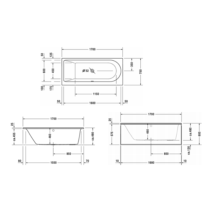 Duravit Darling New  Ванна 170х75x48см, акриловая, прямоугольная встраиваемая или с панелями,с наклоном для спины слева, цвет: белый