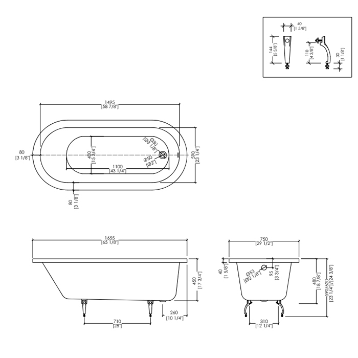 Devon&Devon Bayswater Ванна встроенная чугунная овальная  165x75xh46 cм, цвет: белый