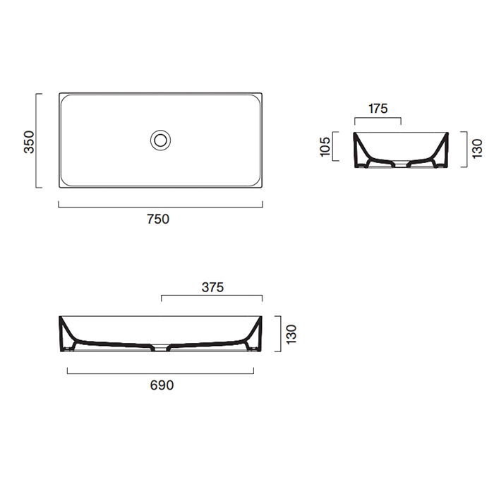 Catalano Premium Раковина 75x35см накладная, без отв., цвет: белый глянцевый