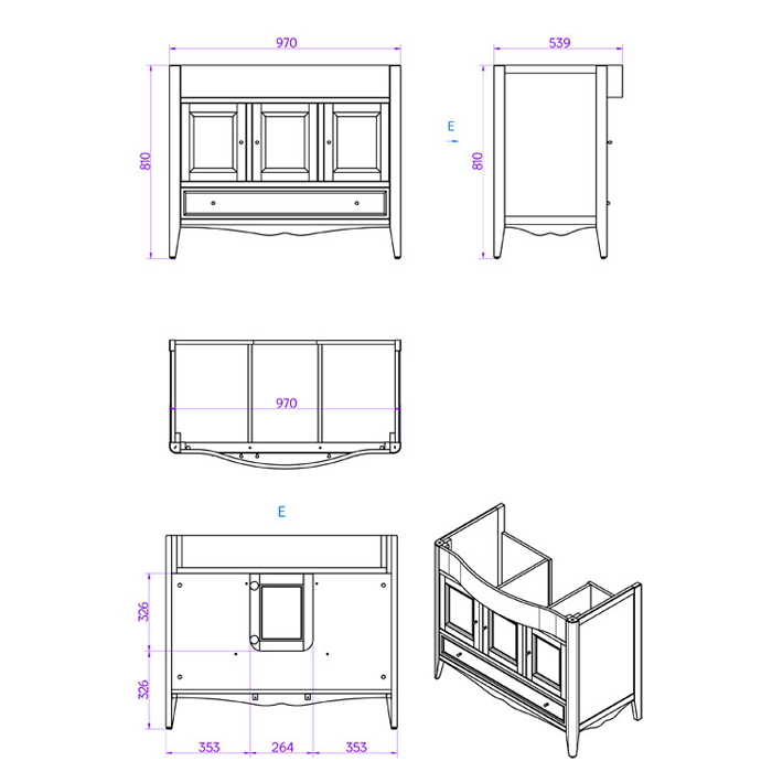 TW Veronica, База с раковиной Simas AR874bi*1 105x56см, с 1отв., 3 расп. дв. и 1ящик, доводч. Blum, ручки: Riflesso бронза, напольная, цвет: TORTORA