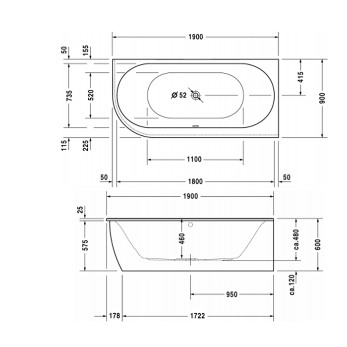 Duravit Darling New  Ванна 190х90x60см, пристенная, акриловая, угол справа, с панелью и ножками,с 2 наклонами для спины, цвет: белый