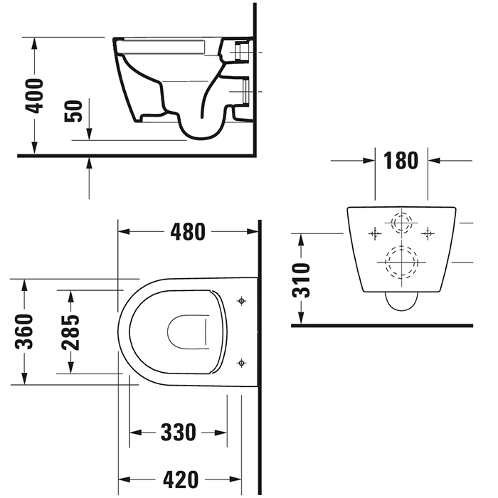 Duravit ME by Starck Унитаз подвесной укороченный Rimless 37х48см., вкл. крепление Durafix, 4,5л., 37х48см., белый