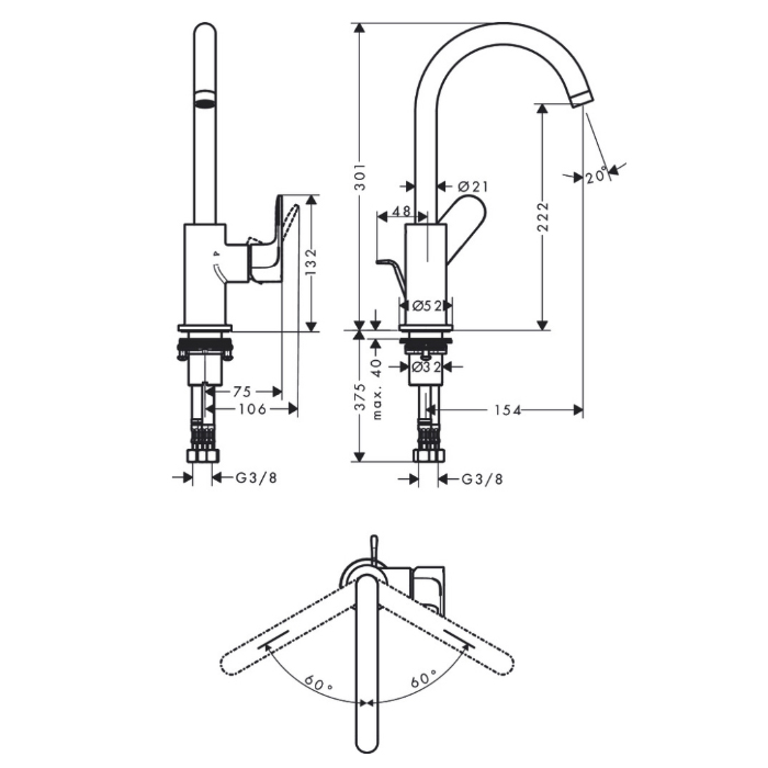 Hansgrohe Rebris S Смеситель для раковины, 1 отв., с донным клапаном, с поворотным изливом, цвет: хром