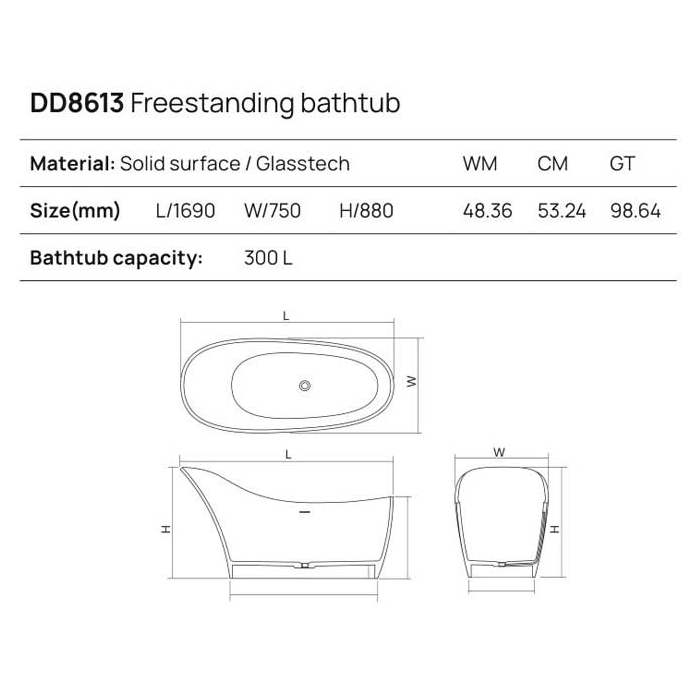 Dea Design Elegant Ванна 169x75x88см., отдельностоящая, Glasstech, прозрачная смола, цвет: Smoky Black R4