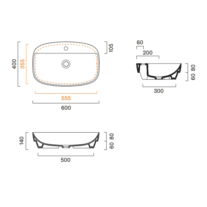 Catalano Alvea Раковина 60х40см., настольная или полувстраиваемая, с 1 отв., цвет: белый глянцевый