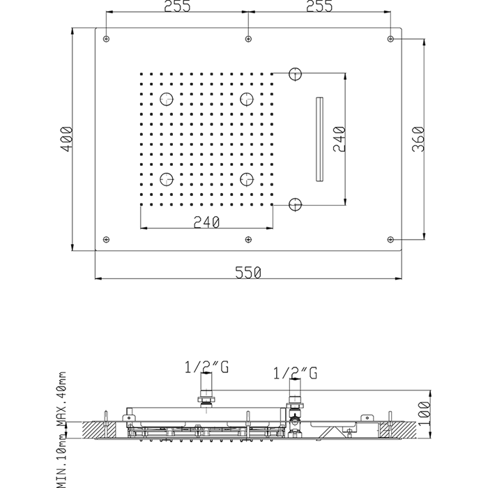 CISAL Zen Shower Встраеваемый верхний душ 55х40 см,3 типа струи,хромотерапия,выключатель,трансформатор, цвет: полированная нержавеющая сталь 