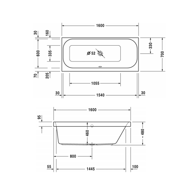 Duravit Happy D.2 Ванна акриловая  160х70x48см, прямоугольная .встраиваемая  версия , с наклоном для  спины справа, цвет: белый