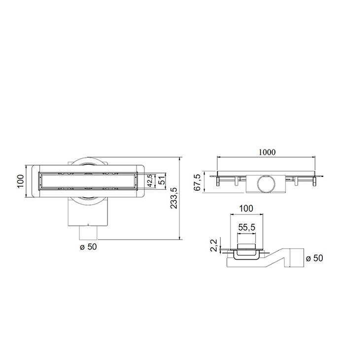 Plumberia Selection Трап душевой PS MODULAR 4x100 2устор. накладка из нерж.стали, комбинир.затвор с горизонт. Выпуском Ду 50мм,40л/мин, цвет: черный матовый