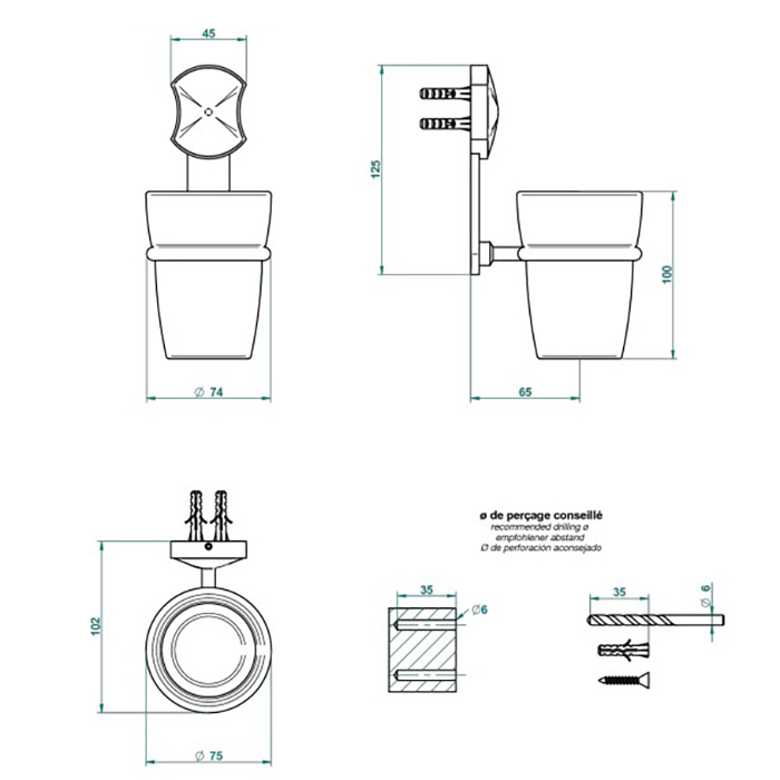THG Infini white porcelain Стакан стеклянный, подвесной, цвет: хром