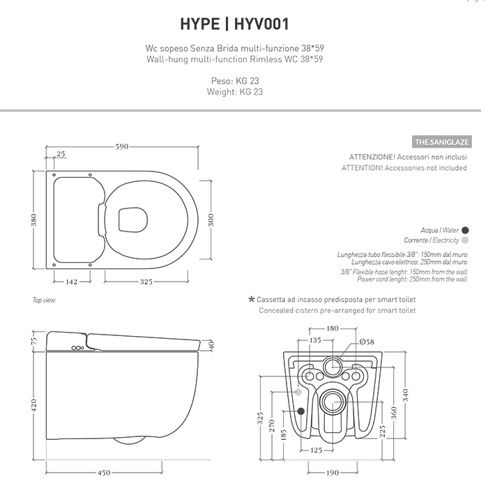 Artceram Hype Унитаз-биде 38х59см., подвесной, безободковый, saniglaze, soft-close, с пультом управления, цвет: белый