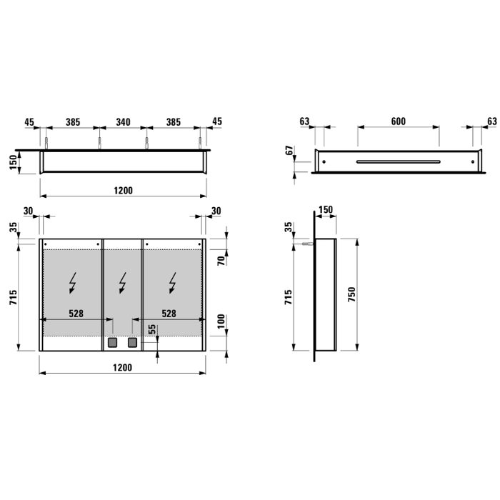 Laufen Frame Зеркальный шкаф 120x75см., LED-подсветка, алюминий, 3 двери, 2 розетки