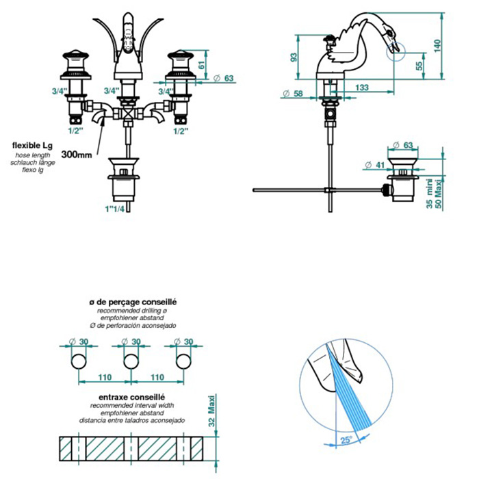 THG Cygne Смеситель для раковины на 3 отверстия, низкий излив, с донным клапаном, цвет: полированное золото