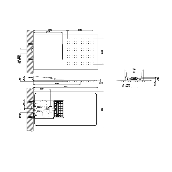 Gessi Tremillimetri Верхний душ, QUADRO 30х55см, подключение: 1/2" цвет: брашированная сталь