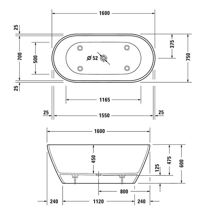 Duravit D-Neo Ванна отдельностоящая 160х75хh60cм., со спец сливом (без перелива), цвет: белый