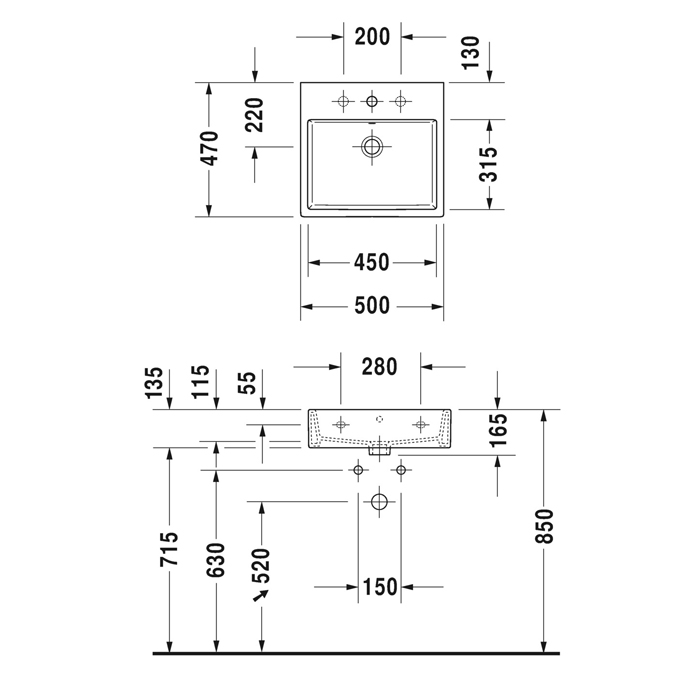 Duravit Vero Air Раковина 50х47см., подвесная, без отв., шлифованная, без перелива, цвет: белый