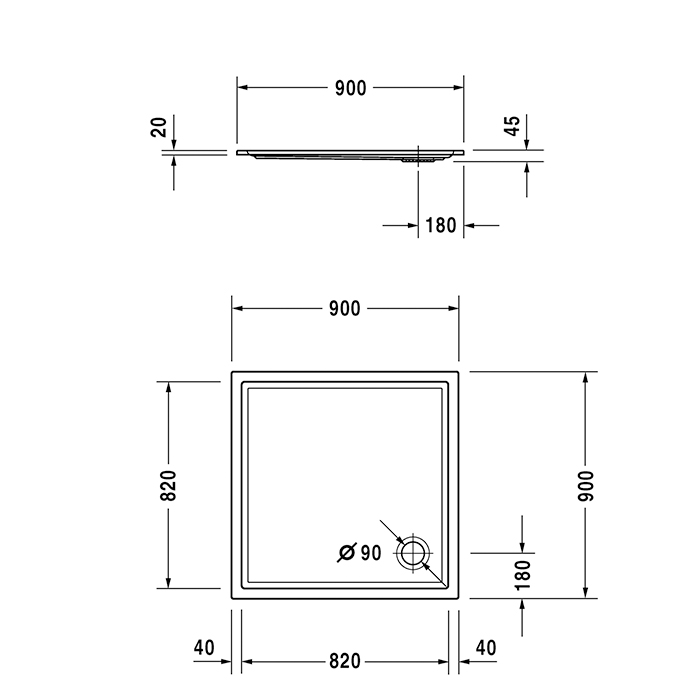 Duravit Starck Slimline Поддон акриловый квадратный 90x90х4.5см, d:9см., цвет: белый