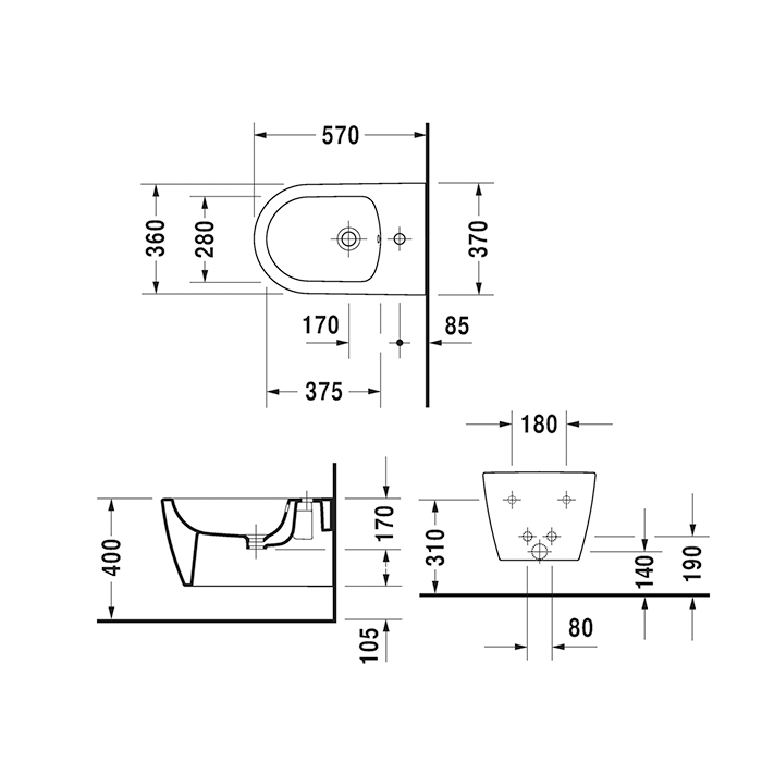 Duravit Me by Starck Биде подвесное 57х37см., с 1 отв., с креплением, с покрытием WonderGliss, цвет: белый