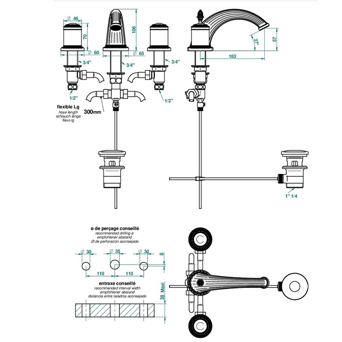 THG Malmaison Portoro Смеситель для раковины на 3 отверстия, с донным клапаном, цвет: состаренный никель