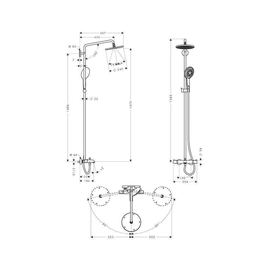 Hansgrohe Raindance Select S, Душевая система 240 Showerpipe для ванны, поворотный держатель 450 мм, цвет: Хром 