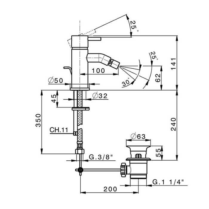 Cisal Less New Смеситель для биде, на 1 отВ., с донным клапаном, цвет: никель матовый
