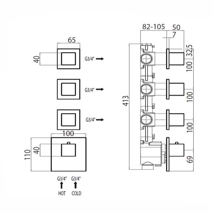 Bossini Oki Термостат для душа, встраиваемый, с девиаторм/запорным вентилем на 3 - 6 выходов, уст-ка верт/гор., цвет: хром