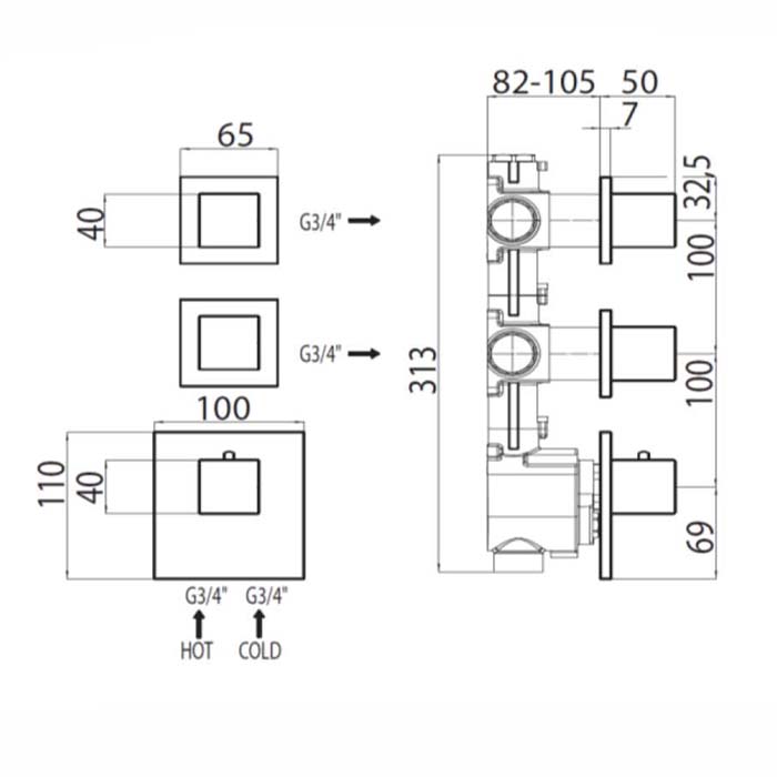 Bossini Rectangular Термостат для душа, встраиваемый, с девиаторм/запорным вентилем на 2 - 4 выхода, уст-ка верт/гор., цвет: хром