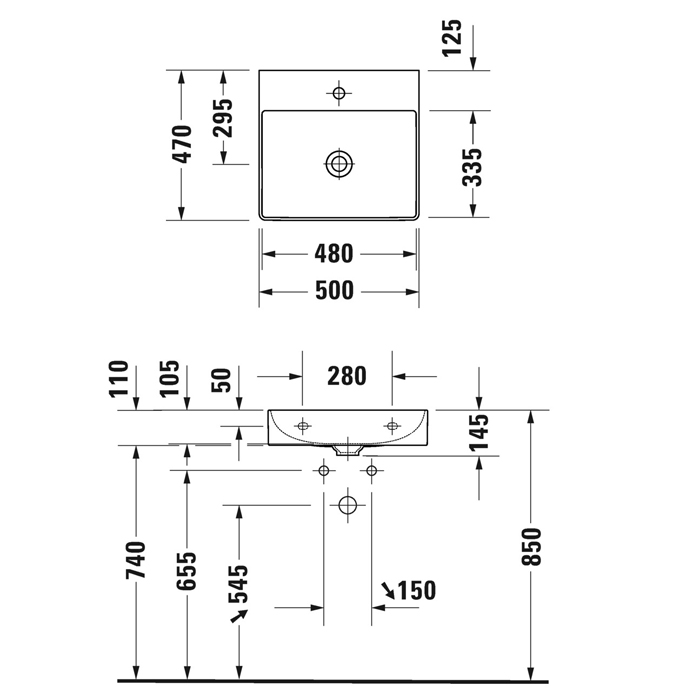 Duravit DuraSquare Раковина подвесная 50х47см, с отметками на 2 отв., без перелива, с крепежом, цвет: белый