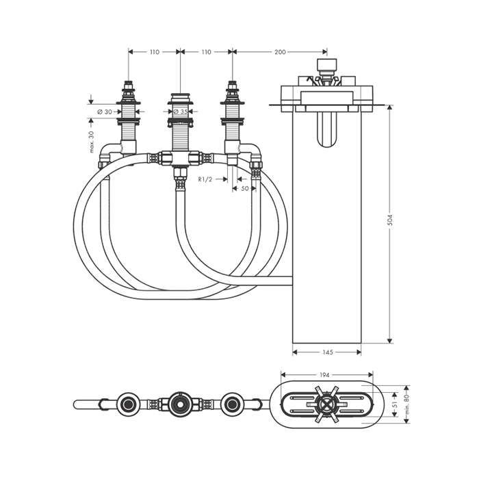 Hansgrohe Встраиваемая часть смесителя, на борт ванны на 4 отверстия