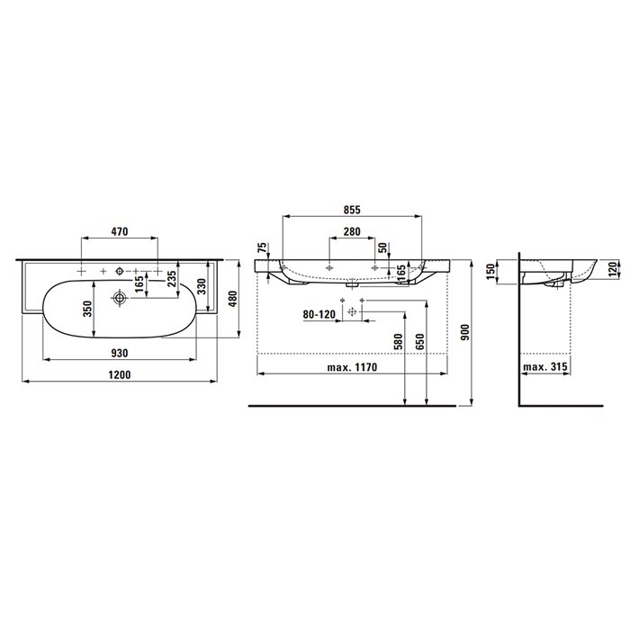 Laufen New Classic Раковина накладная 120х48х7.5см, с 3 отв., с переливом, с покрытием Clean Coat LCC, цвет: белый 
