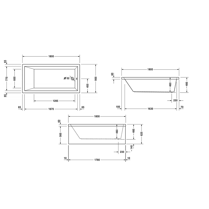 Duravit Starck Ванна прямоугольная встраиваемая или с панелями 180x90см с наклоном для спины, с переливом Цвет: белый