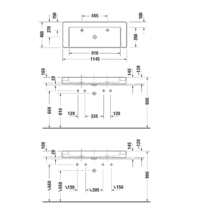 Duravit Bento Starck Box Раковина накладная 114.5х46см, с 2 отв., HygieneGlaze, цвет: белый глянцевый