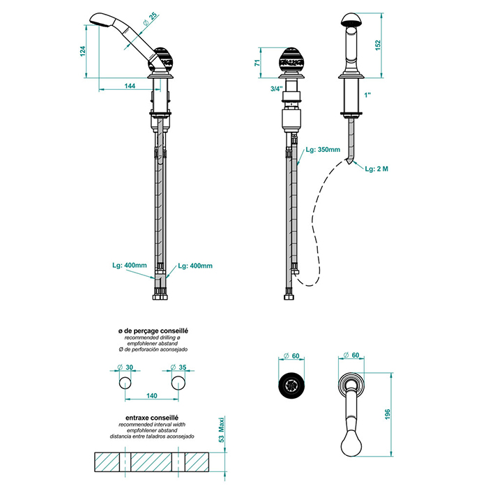THG Marquise porcelaine blanche Ручной душ на борт ванны, 2 отв., цвет: хром/платина/белый фарфор