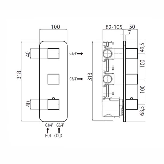 Bossini Cube Термостат для душа, встраиваемый, с девиаторм/запорным вентилем на 2 - 4 выхода, уст-ка верт/гор., цвет: хром