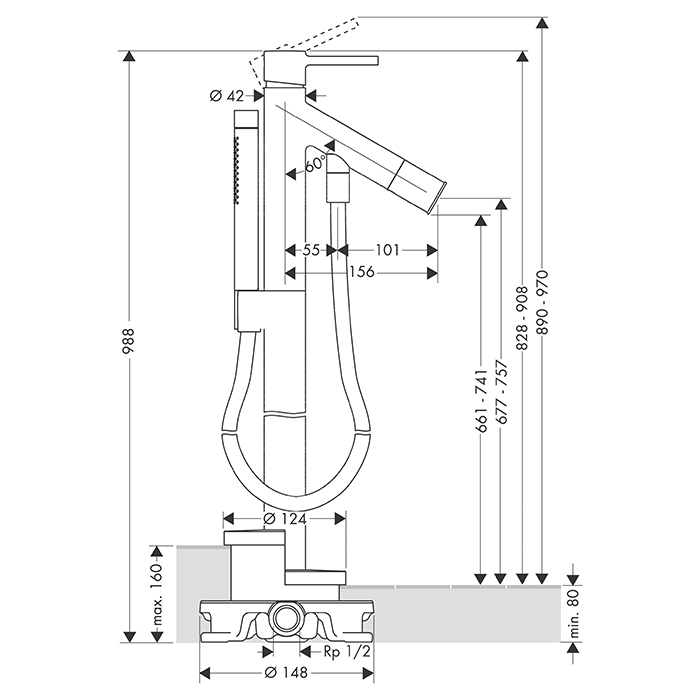 Axor Starck Смеситель для ванны, напольный, с ручным душем, цвет: шлифованная бронза