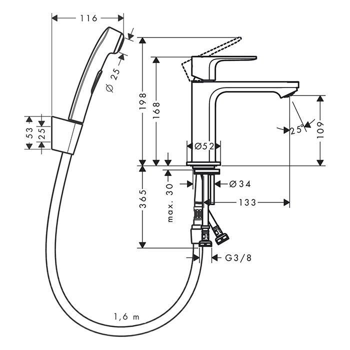 Hansgrohe Rebris E Смеситель для раковины 110, с гигиеническим душем, цвет: хром