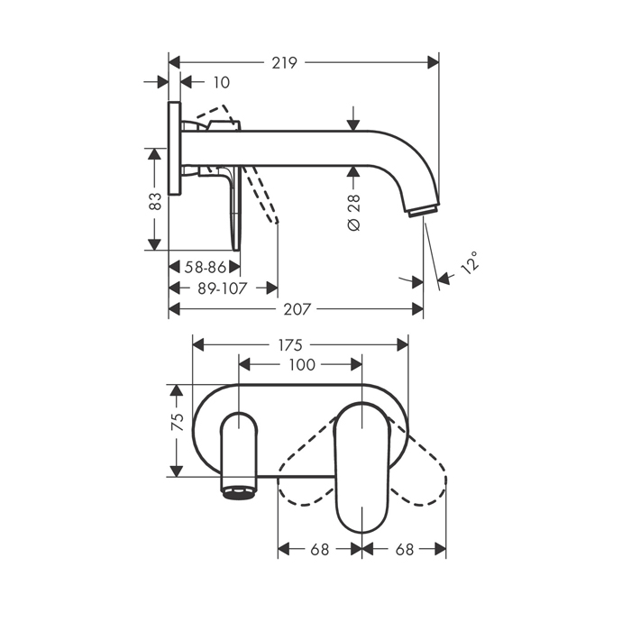  Hansgrohe Vernis Shap Смеситель для раковины, настенный, излив 204 мм, внешняя часть, цвет: матовый черный 