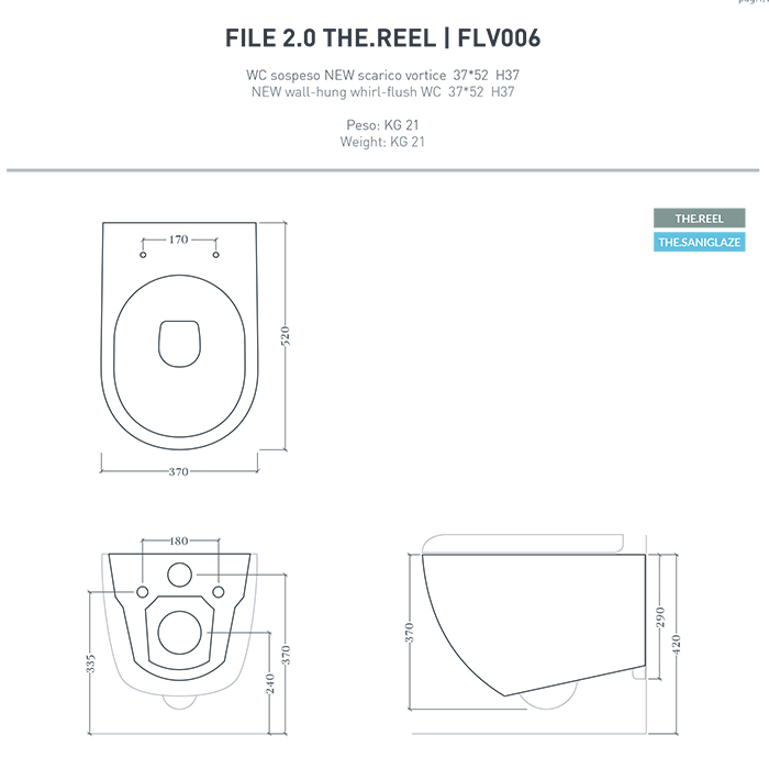 Artceram File 2.0 Унитаз подвесной 37х52см, безободковый, турбо смыв the.reel, saniglaze, цвет: белый глянцевый