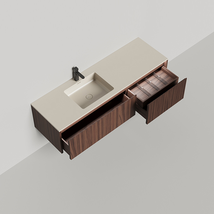 Salini Domino Тумба с раковиной, 140х50х40см., из S-Stone в сборе, д/к; крепеж; сифон; фасад: шпон орех, столешница: Ral9001