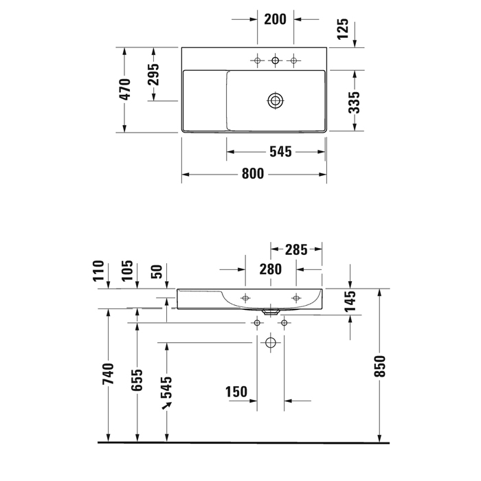 Duravit DuraSquare Раковина подвесная 80х47см, Dx, с отметками на 2 отв., без перелива, с крепежом, цвет: белый