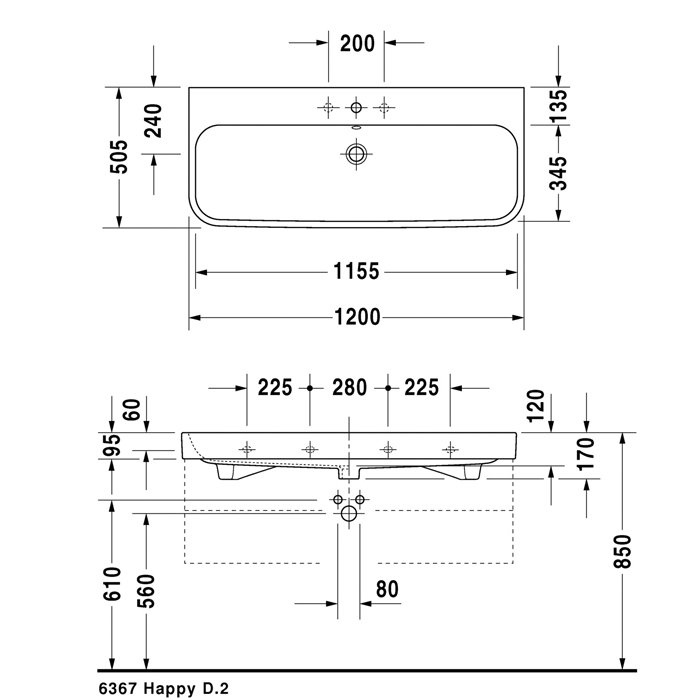 Duravit Happy D.2 Раковина 120x50.5 см, 1 отв., с переливом,  шлифованная, цвет: белый