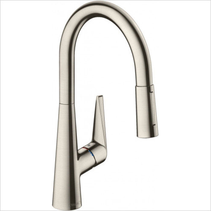 Hansgrohe Metris Select M71 Смеситель для кухни, на 1 отв, поворотный излив 22.2см с вытяжным душем, 1jet, h23.8см, sBox, кнопка вкл/выкл, цвет: нержавейка