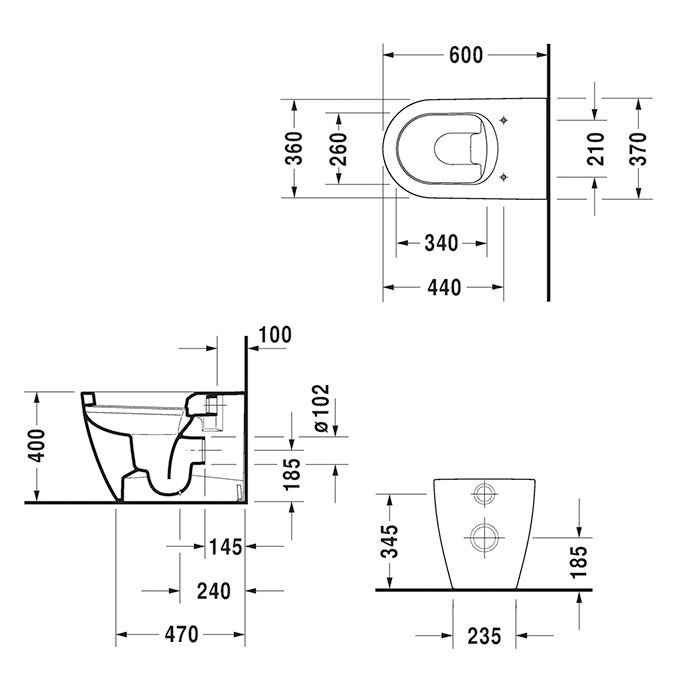 Duravit ME by Starck Унитаз напольный 37x60см., пристенный, включая крепление, сток горизонтальный, 4,5 л., с WonderGliss, цвет: белый