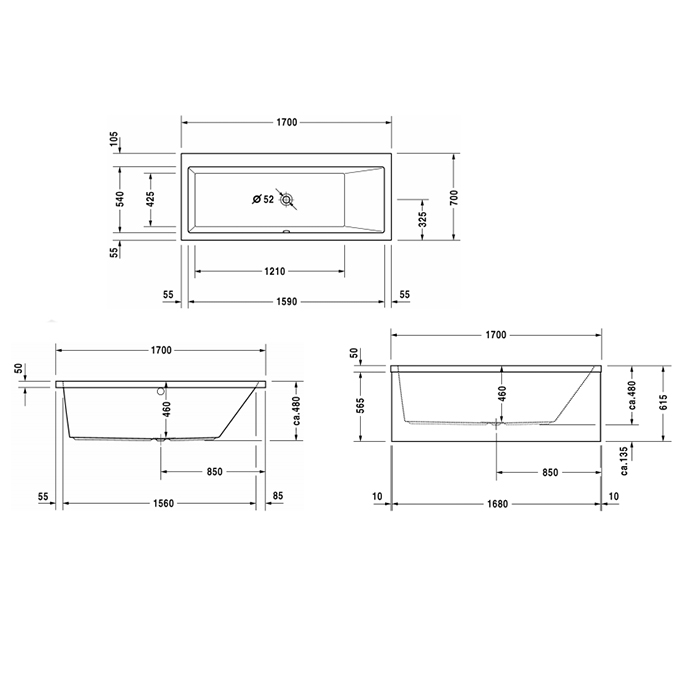 Duravit VERO Ванна 170х70см, акриловая, прямоугольная встраиваемая или с панелями, наклон спины справа, цвет: белый