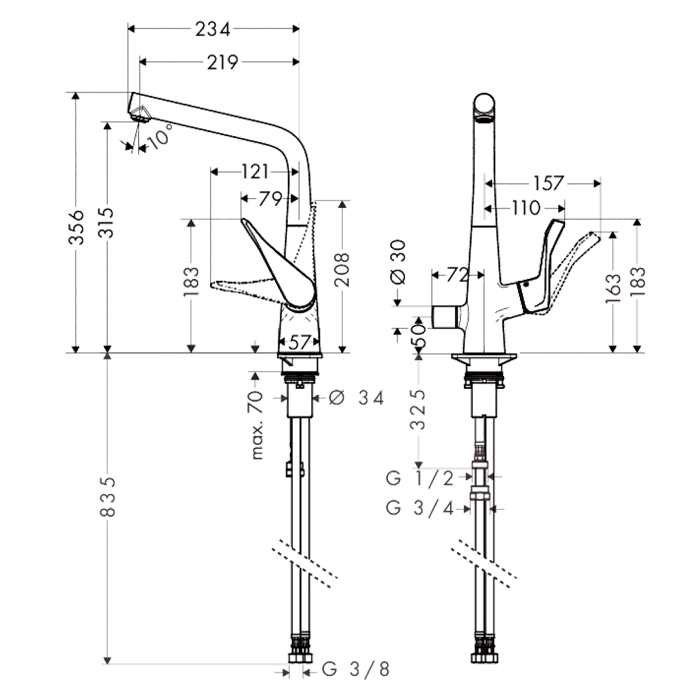 Hansgrohe Metris M71 Смеситель  для кухни на 1 отв, поворотный излив, с запорным вентилем. цвет: хром