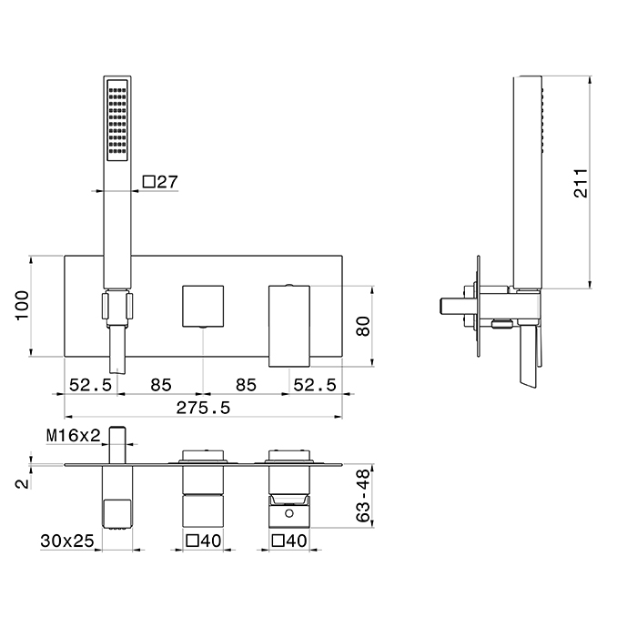 Newform Ergo Q Смеситель для душа, встраиваемый, 2 потока, с ручным душем, внешняя часть, цвет: черный матовый