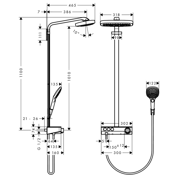 Hansgrohe Raindance Душевой гарнитур, в набор входят: верхний душ Raindance Select 300 3 jet с шарнирным соединением и QuickClean 2 типа струи: Rain: широкая дождевая струя. RainAir: объемная дождевая струя с технологией AIRPower, термо