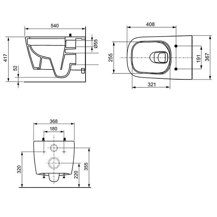 TECEneo Унитаз подвесной 54х36х36см, безободковый, смыв Tornado, с крепежом, цвет: белый