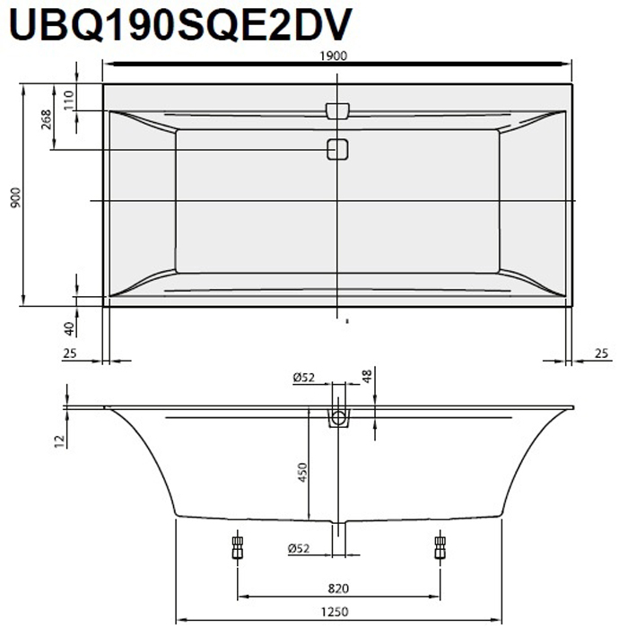 Villeroy&Boch Squaro edge 12 Ванна встраиваемая 190х90х45см., прямоугольная, цвет: белый