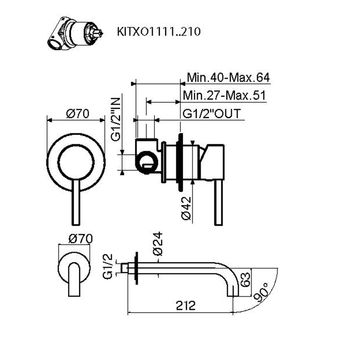 Plumberia Selection IXO Смеситель для раковины, встраиваемый, излив 210мм, с внутренней частью, цвет: чёрный матовый