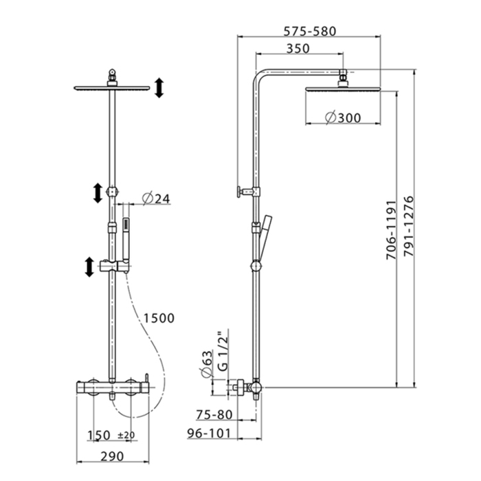 Cisal Less New Душевая стойка, со смесителем для душа, верхний душ и ручным душем с держателем и шлангом, цвет: хром